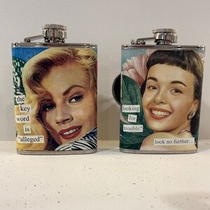 Vintage Set of Two Anne Taintor Collectable Decorative Style Collage Flasks